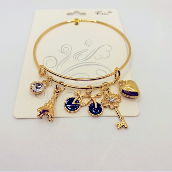 Bracelet Bangle Eiffel Tower Heart Key Bike Crysta - Picture 2 of 9